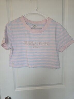 GUESS X ASAP Rocky Pastel Pink & Light Blue Striped Crop Tee, Size Small